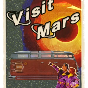 "Modèle de transfert rétro Mars avec soucoupe volante et Space VW Combi T1"
