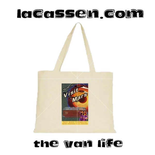 Tote bag avec le design "Van Life", illustrant une aventure nomade inspirée de la liberté et de l'exploration rétro.