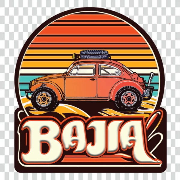 "Illustration d'une Cox en version Baja des années 80, en style stickers vintage, disponible en haute résolution pour personnalisation de t-shirts et vêtements.