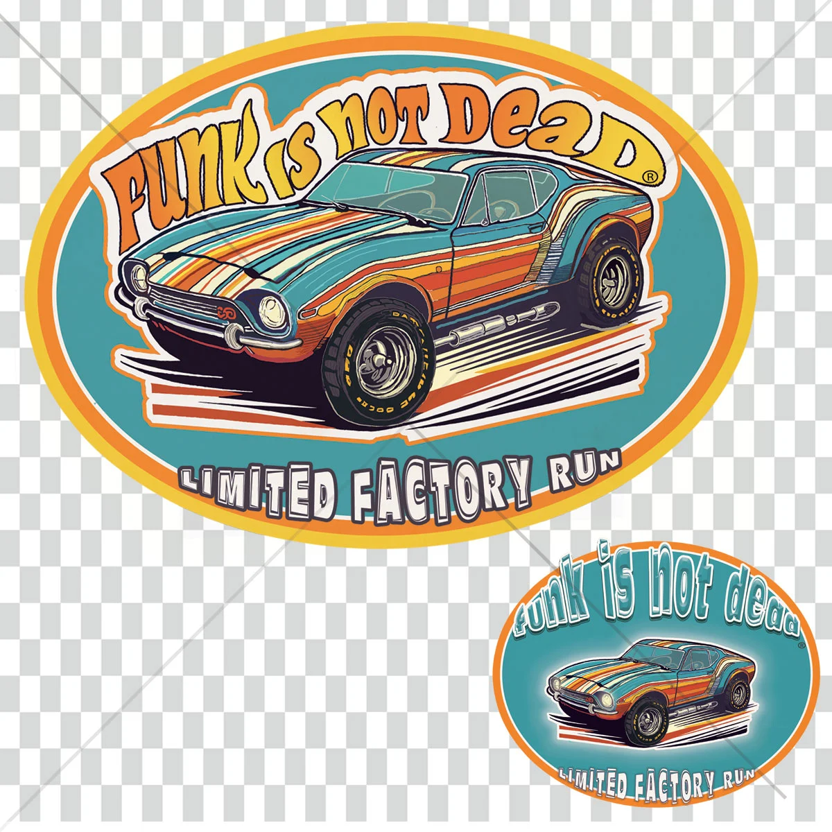 Design vintage Funk Ride ’72 avec muscle car funky années 70 et badge limited factory run