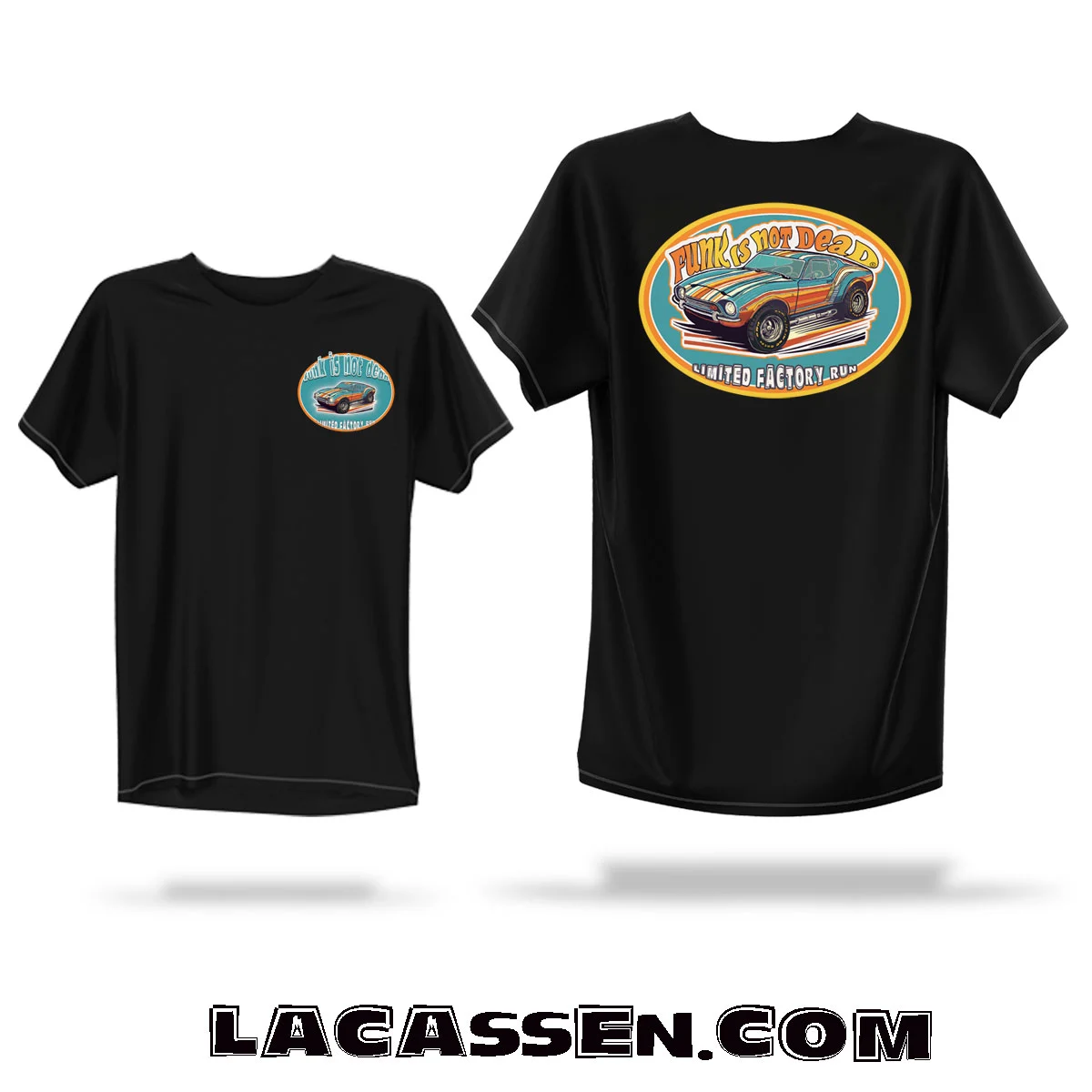 Mockup t-shirt noir avec design Funk Ride 72 muscle car vintage style funky années 70