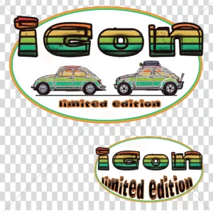 Design collector Volkswagen Cox & Baja – Édition limitée, style vintage rétro avec typographie colorée et double illustration Cox classique et Baja.