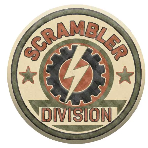 Logo Scrambler Division en style patch tissu rétro militaire avec engrenage et éclair