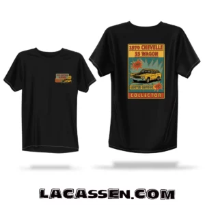 T-shirt noir avec design rétro 1970 Chevelle SS Wagon par LacassenMotors – impression avant petit logo et grand visuel arrière collector.