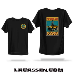 T-shirt avec le design comics “The Road King – Plymouth Power”, featuring la Plymouth Road Runner 1970 et Blaze Bird – création Lacassen édition limitée.