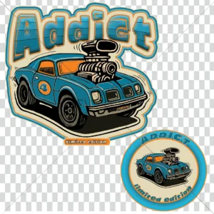 Illustration automotive vintage style comics 70s d’une voiture de garage modifiée avec moteur apparent, design ADDIC Garage Series 1975 en édition limitée.