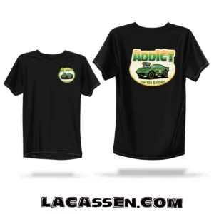 Muscle car illustration Monkey 68’ Addict Limited Edition, exemple de rendu du design Lacassen Motors appliqué sur t-shirt noir (visuel non vendu).