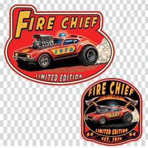 Illustration t-shirt voiture vintage Fire Chief 1976 style rétro collector, design automobile cartoon édition limitée Lacassen