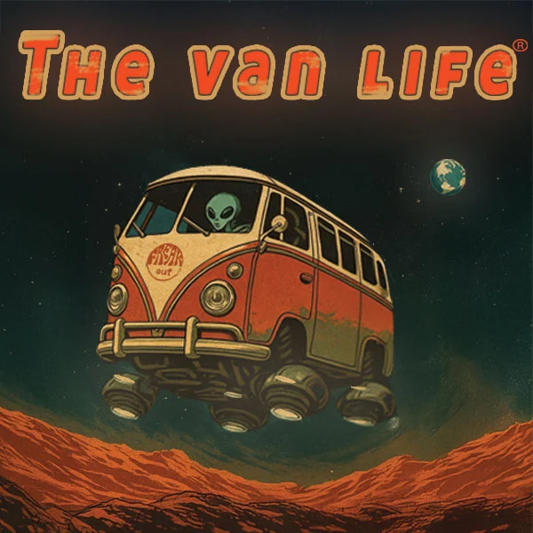 Illustration The Van Life avec van rétro-futuriste en lévitation dans l’espace