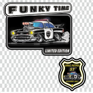 Pack design Drag Patrol 57 hot rod police vintage, impression front badge et illustration back limited edition Funky Time Lacassen.