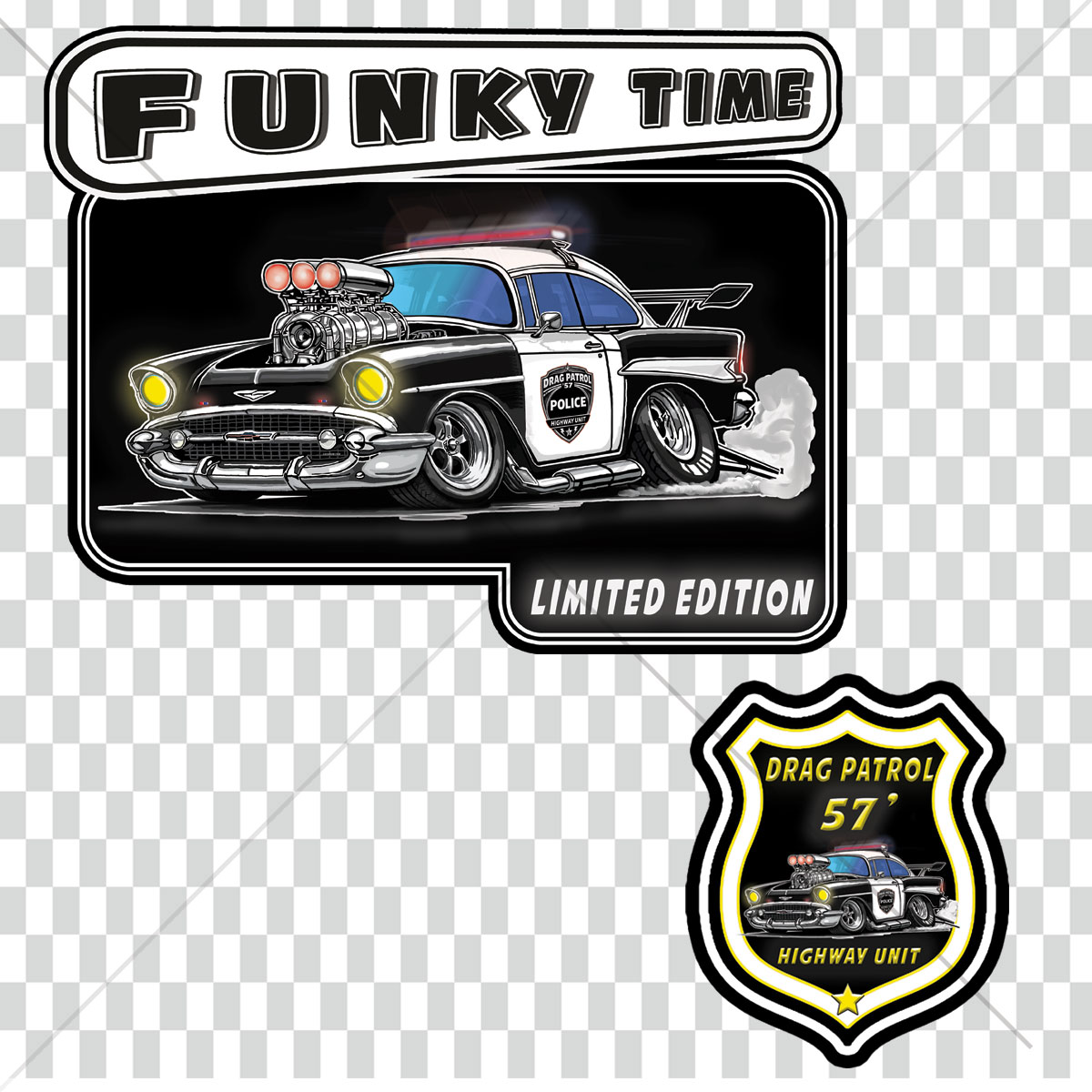 Pack design Drag Patrol 57 hot rod police vintage, impression front badge et illustration back limited edition Funky Time Lacassen.