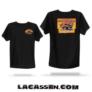 Mockup t-shirt noir Super Freak 81 design muscle car vintage funk impression dos et poitrine