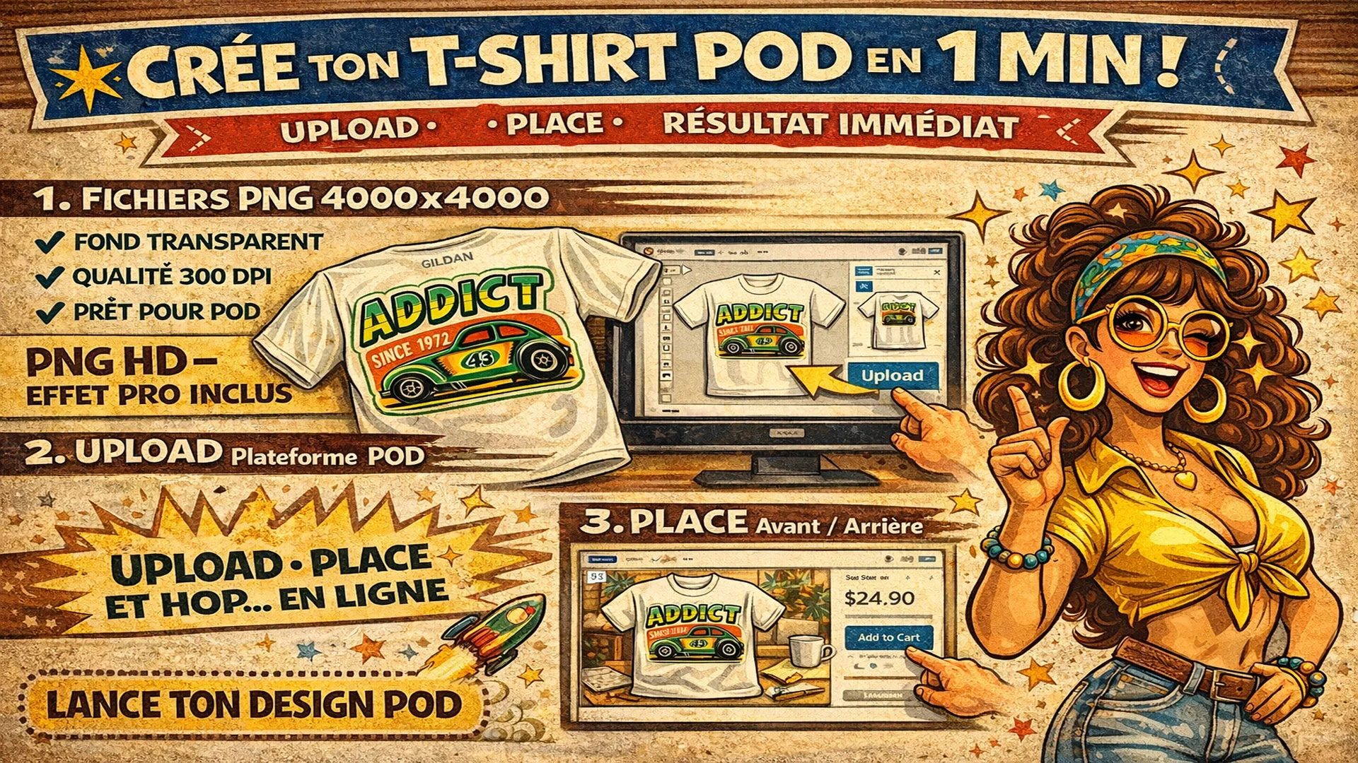 Illustration vintage création t-shirt POD avec fichier PNG 4000x4000 prêt à uploader sur plateforme print on demand