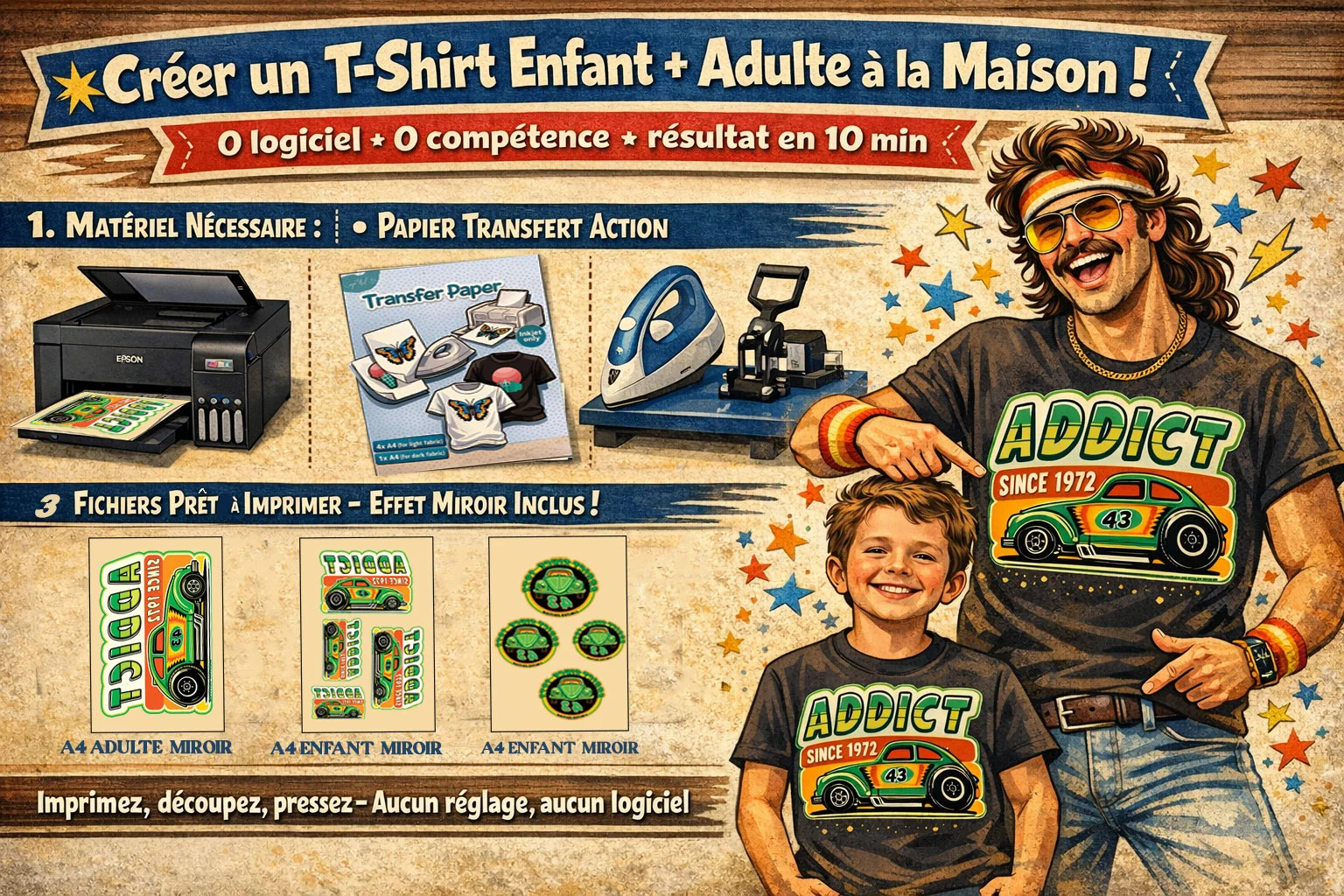Créer t-shirt enfant et adulte DIY avec fichiers A4 prêts à imprimer Lacassen
