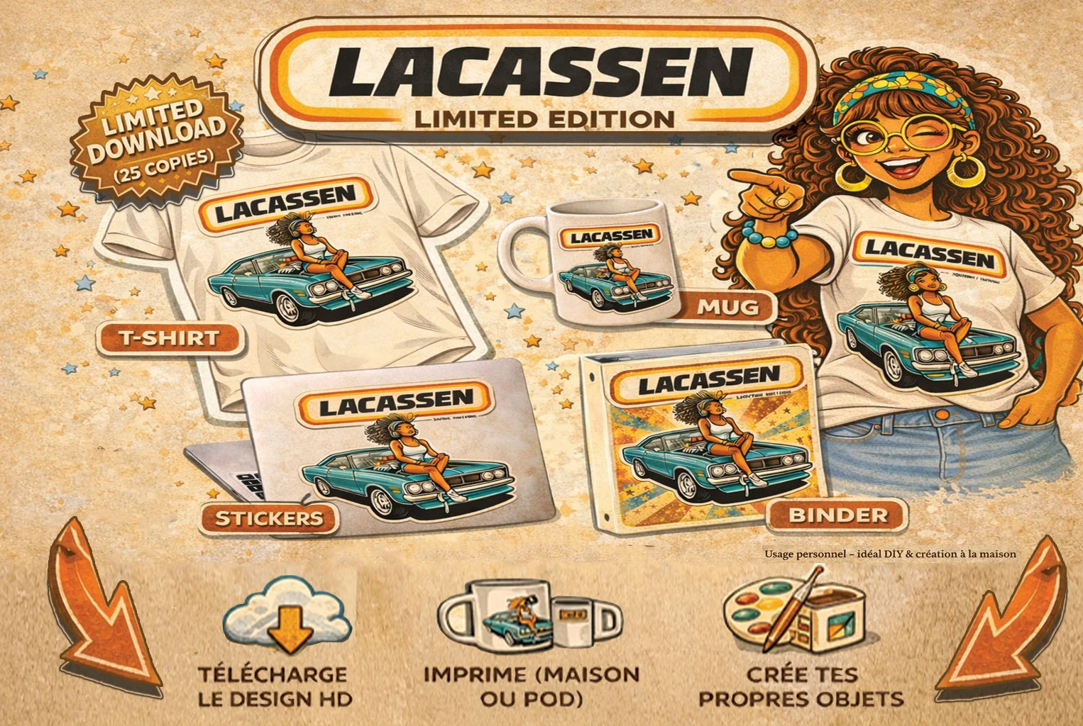 Design t-shirt vintage à télécharger – illustration rétro voiture Lacassen prêt à imprimer DIY