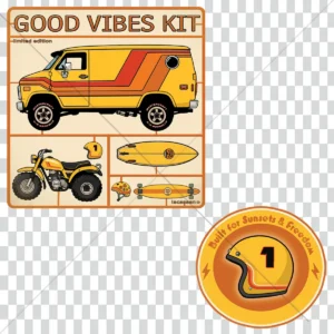 Retro vanlife cartoon t-shirt mockup featuring a vintage custom van, retro surfboard, ATC mini bike and hippie helmet inspired by 70’s California surf and skate culture.