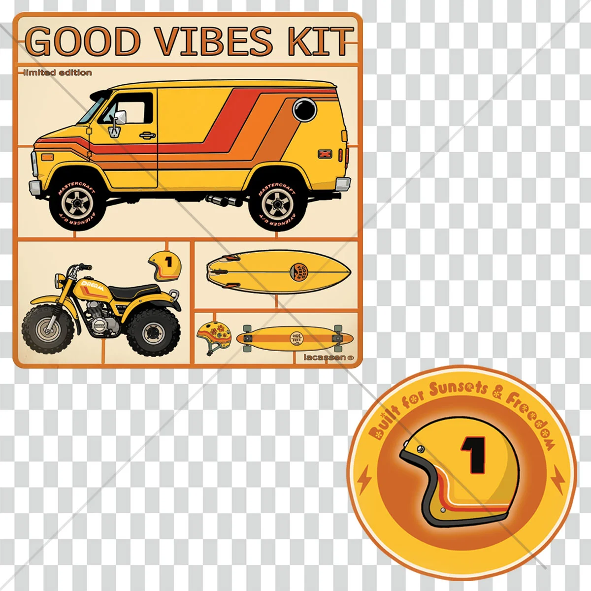 Retro vanlife cartoon t-shirt mockup featuring a vintage custom van, retro surfboard, ATC mini bike and hippie helmet inspired by 70’s California surf and skate culture.