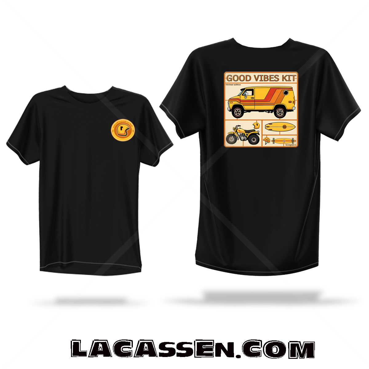 Black retro vanlife t-shirt mockup featuring a GOOD VIBES KIT cartoon back print with a vintage custom van, surfboard, skateboard and retro ATC mini bike inspired by 70’s California surf culture. Titre