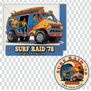 Mockup de t-shirt noir présentant le design SURF RAID ’78 — Boogie Van Series avec badge front assorti et illustration back vintage inspirée de la culture surf des années 70.
