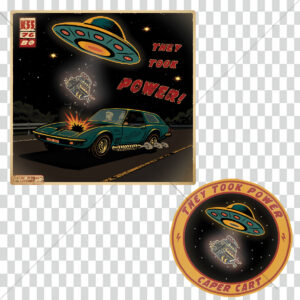 Illustration vintage style comic SF montrant une Caper Cart K55 poursuivie de nuit pendant qu’un OVNI arrache son moteur V8 au-dessus de la voiture dans une ambiance rétro américaine des années 70.