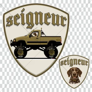 Écussons C15 DU SEIGNEUR Édition Chasseur représentant un C15 Big Foot kaki avec chien de chasse et patch poitrine assorti, création originale Lacassen.