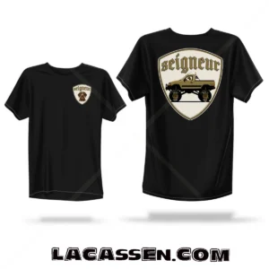 Mockup T-shirt noir C15 DU SEIGNEUR Édition Chasseur avec grand écusson C15 Big Foot dans le dos et patch poitrine assorti, création originale Lacassen.