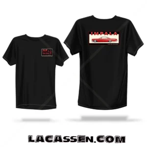 Mockup t-shirt noir présentant le design Impala '61 Collector Series #101 avec visuel dos Chevrolet Impala 1961 et visuel poitrine 348 cu. in. Turbo-Thrust V8.