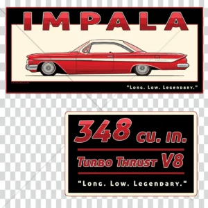 Design automobile vintage représentant une Chevrolet Impala 1961 rouge en profil, accompagné d'un visuel moteur 348 cu. in. Turbo-Thrust V8 dans le style des brochures américaines des années 60.