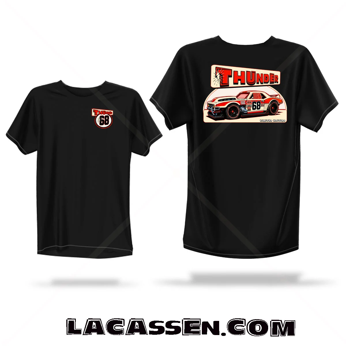 Mockup tee-shirt Thunder '68 Collector Series #68 avec design dos Custom '68 Camaro et patch poitrine assorti.