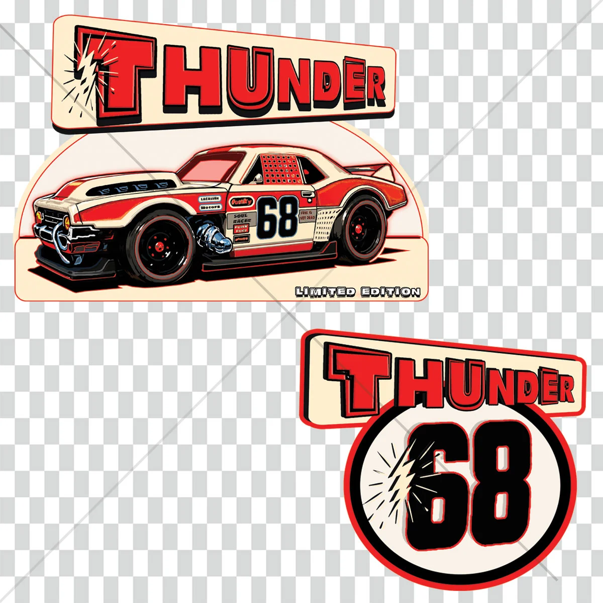 Thunder '68 Collector Series #68 avec design principal Custom '68 Camaro et patch poitrine assorti dans un style racing vintage inspiré des muscle cars américaines.