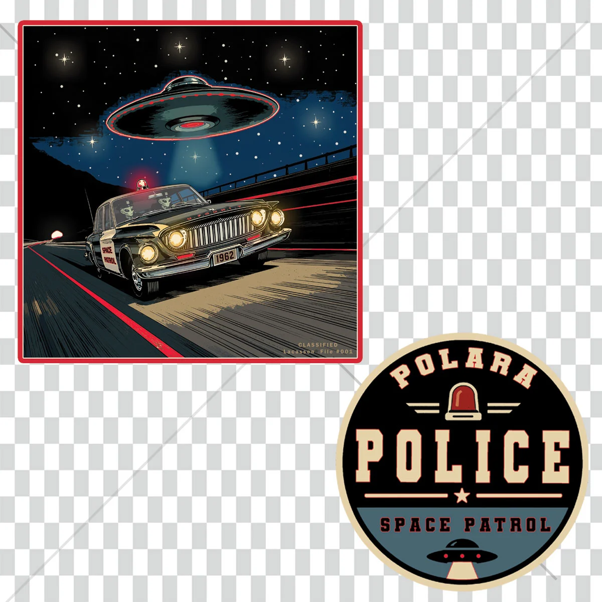 Design vintage inspiré d'une Dodge Polara Police 1962 avec soucoupe volante et écusson Space Patrol. Illustration rétro-futuriste pour impression sur t-shirt DIY et Print on Demand.