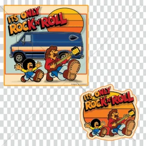 Design vintage "IT'S ONLY ROCK 'N' ROLL" inspiré d'un Dodge Van K80 avec illustration dos et poitrine dans un style cartoon des années 70.