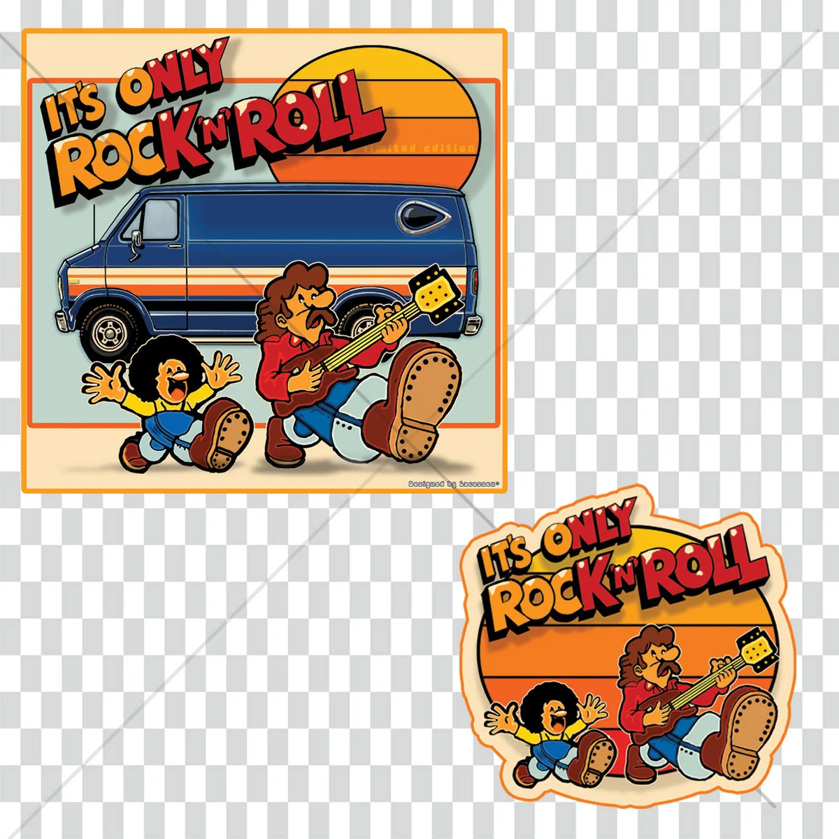 Design vintage "IT'S ONLY ROCK 'N' ROLL" inspiré d'un Dodge Van K80 avec illustration dos et poitrine dans un style cartoon des années 70.