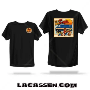 Mockup d'un t-shirt noir avec le design vintage "IT'S ONLY ROCK 'N' ROLL" inspiré du Dodge Van K80, impression dos et poitrine.