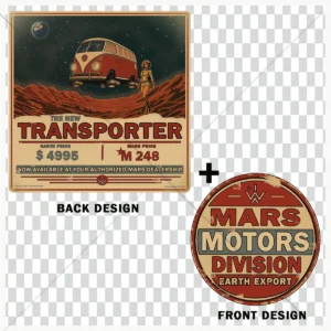 Design New Transporter Van Life comprenant un grand visuel dos et un badge poitrine rétro-futuriste inspirés des affiches automobiles vintage.