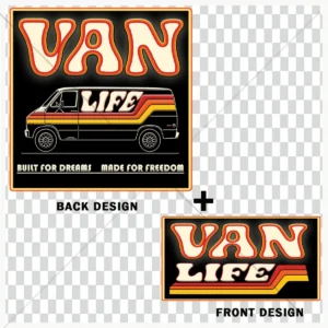 Présentation des designs recto et verso BUILT FOR DREAMS ’77 par LACASSEN : illustration d'un Dodge Tradesman vintage et logo VAN LIFE rétro aux couleurs des années 70.