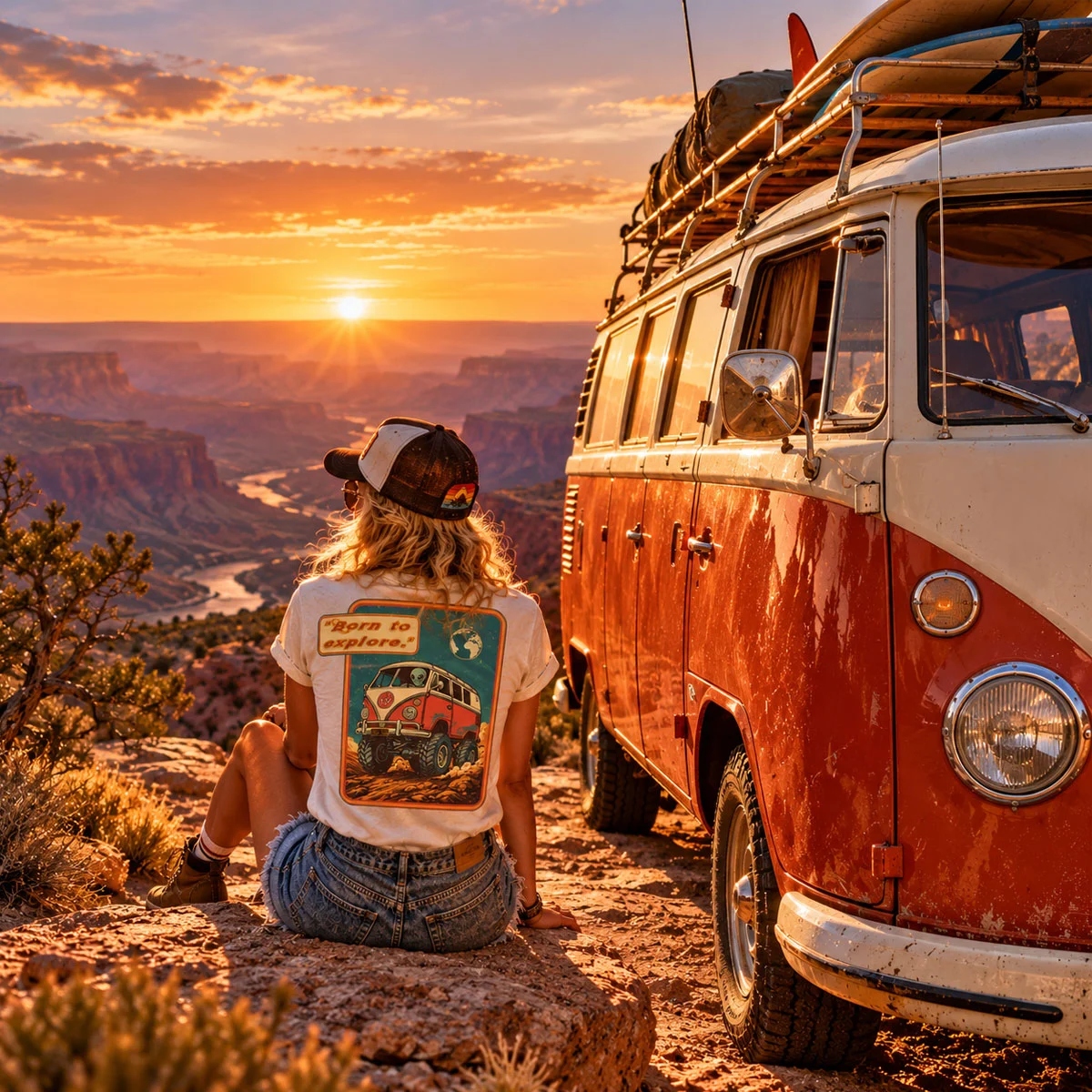 T-shirt Born to Explore – esprit van life, Combi vintage et grands espaces.