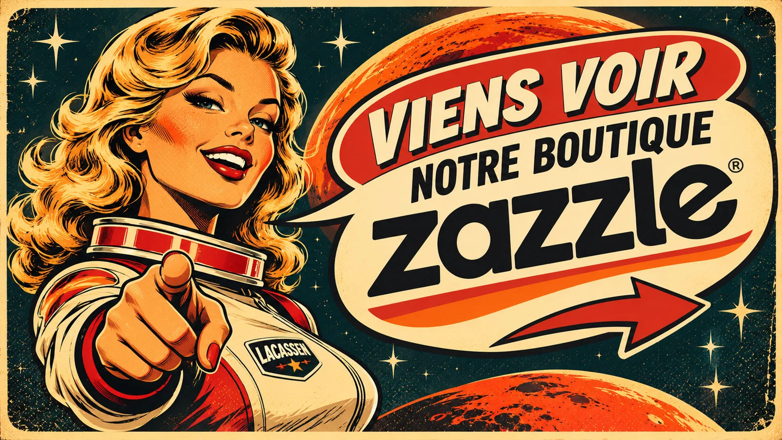 Découvrez-notre-boutique-Zazzle®-–-Lacassen-Design-for-DIY-_-POD Illustration rétro d'une femme en combinaison spatiale Lacassen invitant à découvrir notre boutique Zazzle de créations originales pour DIY et print-on-demand.